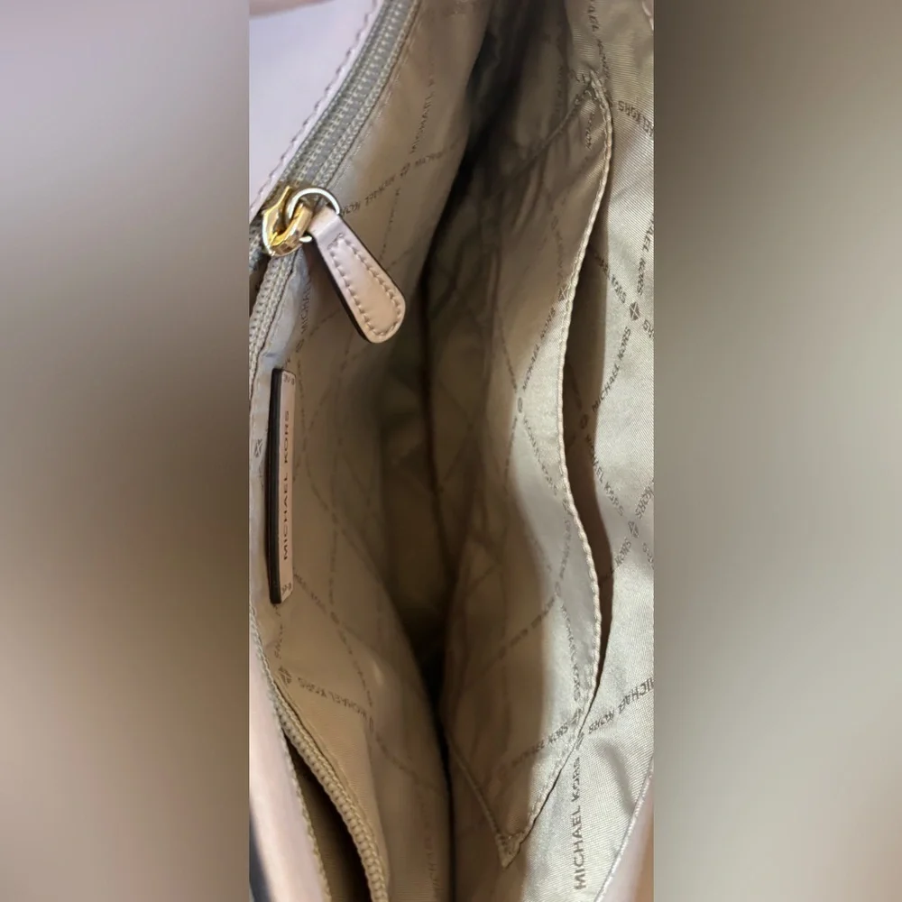 Michael Kors Nicole Medium Shoulder Bag Beige gold hardware leather suede